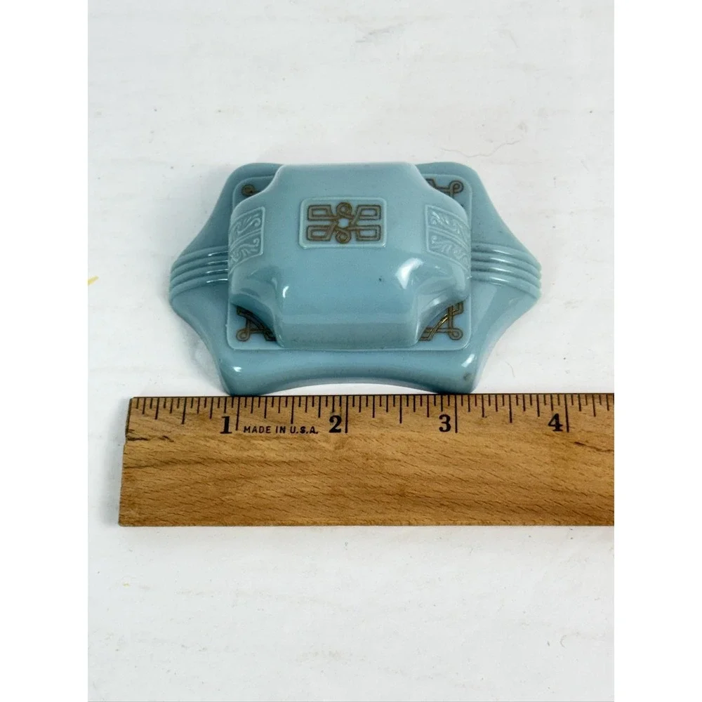 Vintage Dennison Blue Plastic Ring Box Art Deco Velvet Jewelry Case USA